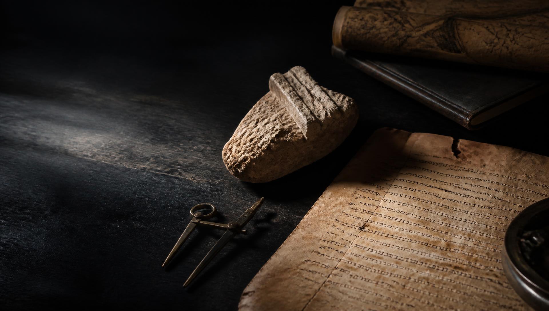 Ancient manuscript and archaeological artifacts on a research table